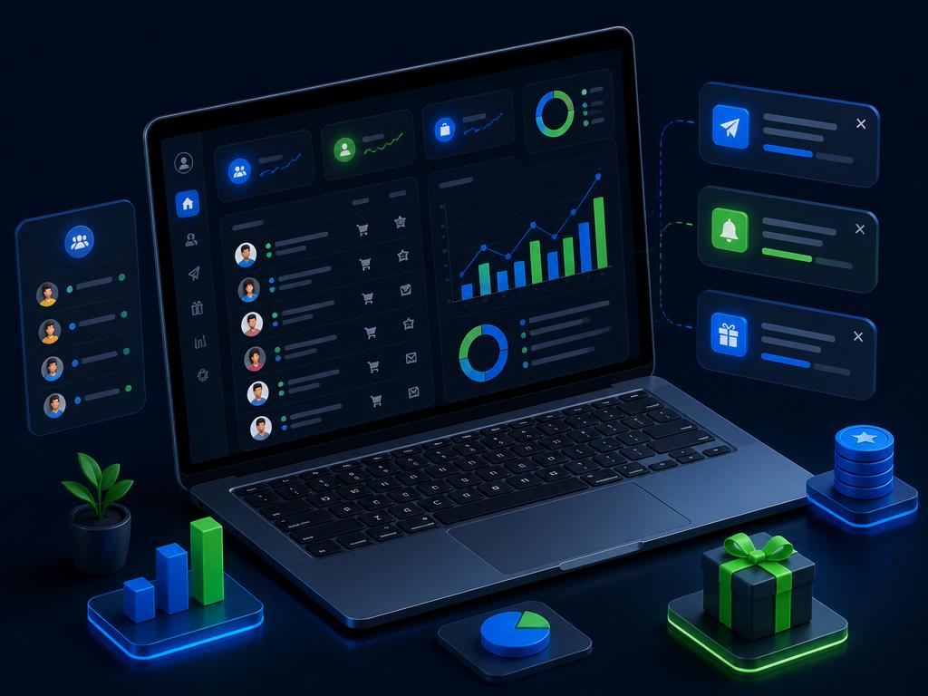 Panel del negocio con base de datos de clientes, notificaciones e informes del programa de fidelización