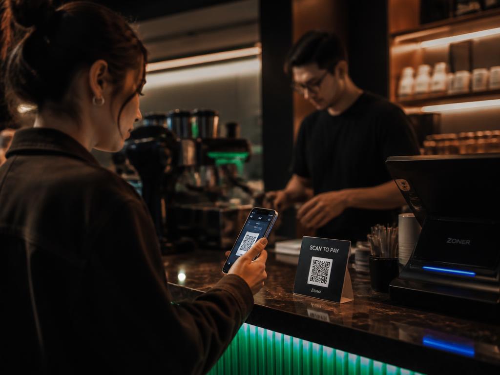 Cliente escaneando el QR de AiFlou Club en el mostrador de una cafetería